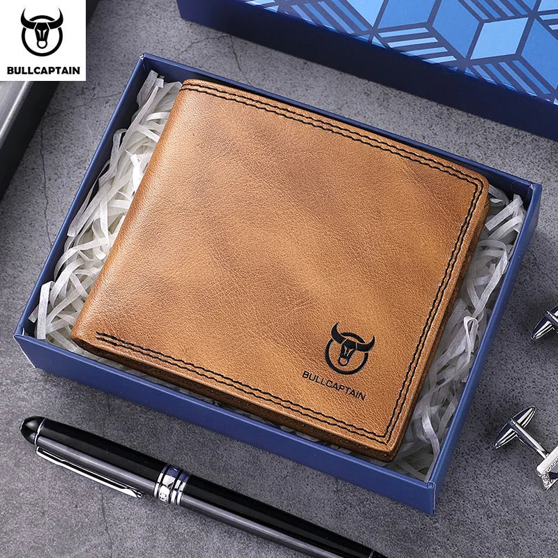 BULLCAPTAN Genuine Leather Men's Wallet RFID Function Fashion Men's Card Clip Wallet Latest Gift Box Men's Business Wallet QB032