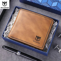 BULLCAPTAN Genuine Leather Men's Wallet RFID Function Fashion Men's Card Clip Wallet Latest Gift Box Men's Business Wallet QB032