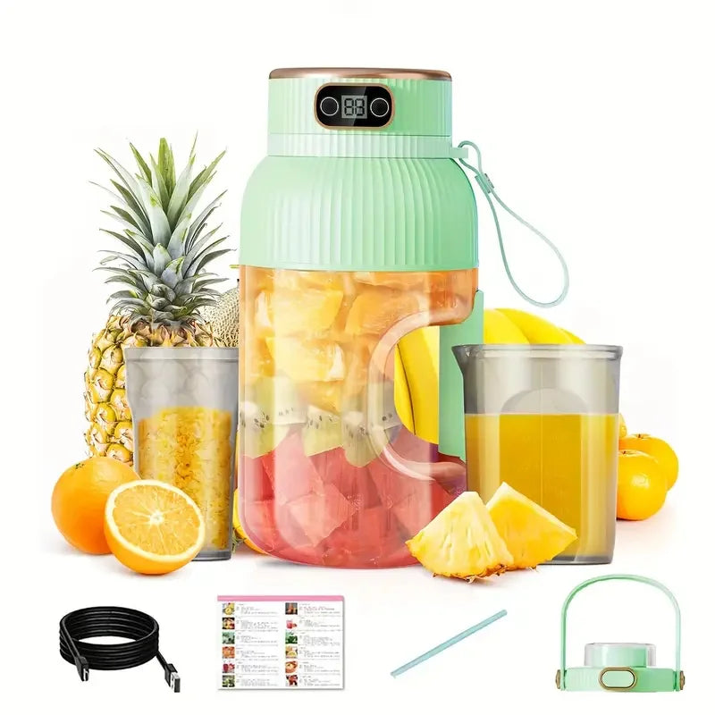 40oz USB-C Rechargeable Green Juicer Blender - Portable Smoothie Maker for Shakes, Juices, Dual Lids, Silicone Straw, Easy Clean