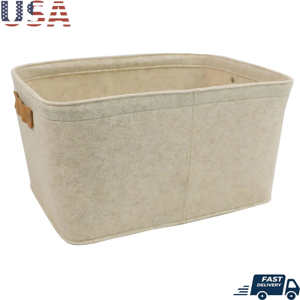 Medium Felt Storage Basket Rectangle Toy Organizer Home Office Library Soft Sturdy Lightweight Faux Leather Handles Easy Clean