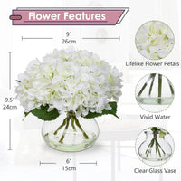 Silk Hydrangea Artificial Flowers in Glass Vase with Faux Water - Home Bathroom Office Table & Shelf Centerpiece Decorations