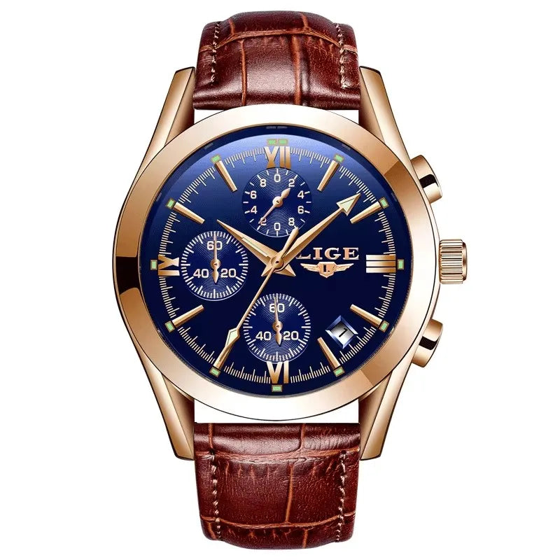 LIGE Fashion Mens Watches Top Brand Luxury Military Quartz Watch Premium Leather Waterproof Sport Chronograph Watch for Man+Box