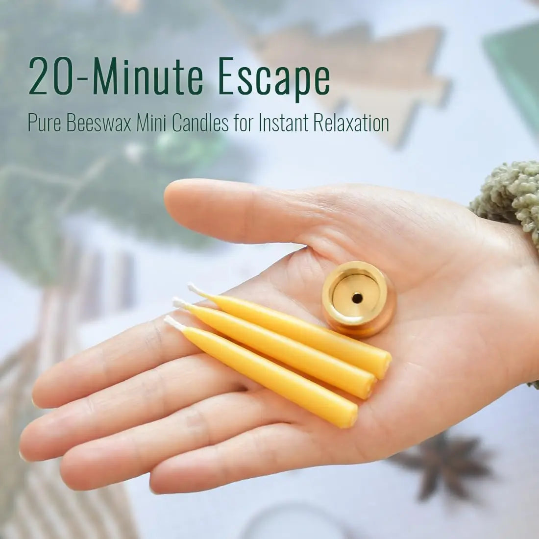 20-Minute Dripless Beeswax Candles, Set of 20 with Brass Holders for Meditation and Relaxation