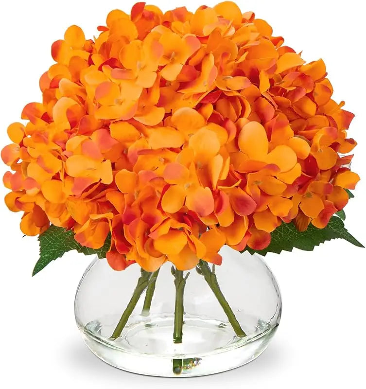 Silk Hydrangea Artificial Flowers in Glass Vase with Faux Water - Home Bathroom Office Table & Shelf Centerpiece Decorations