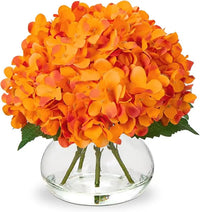 Silk Hydrangea Artificial Flowers in Glass Vase with Faux Water - Home Bathroom Office Table & Shelf Centerpiece Decorations