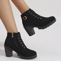 Women's Winter Warm Ankle Boots: Thick Sole & High Heel - Black PU Leather, Side Zipper with Lace-Up Detail, Plain Toe | Chic Ev