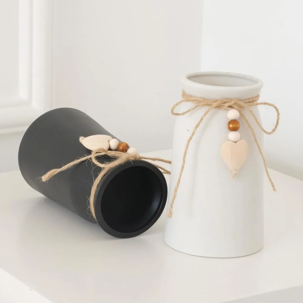 6" White Ceramic Vase with Jute Rope & Heart Charm – Boho Farmhouse Decor Flower Vase