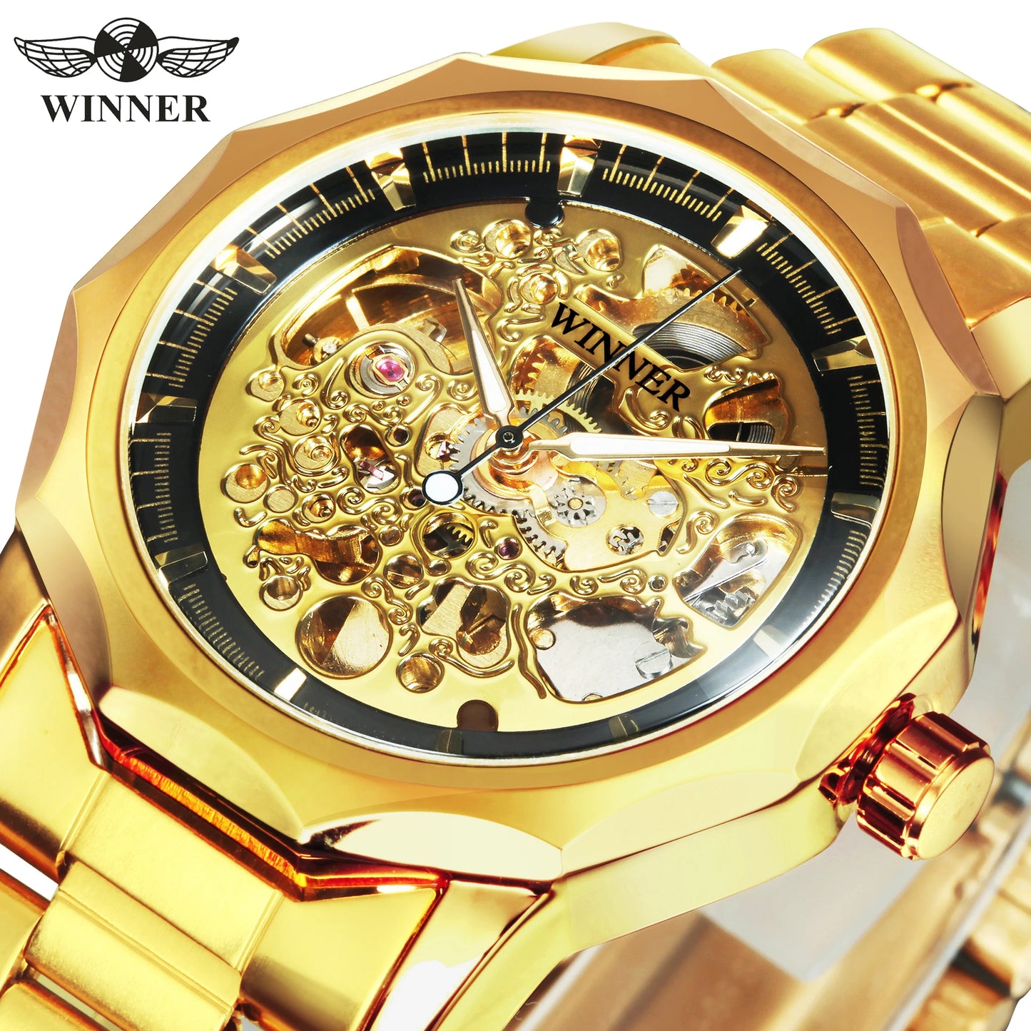 Business Luxury Skeleton Automatic Mechanical Watch for Men Luminous Hands Stainless Steel Strap Fashion Mens Watches WINNER New